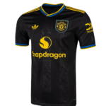 Black Manchester United soccer jersey with yellow sponsor logo Snapdragon and crest, blue-yellow trim on collar and sleeves.