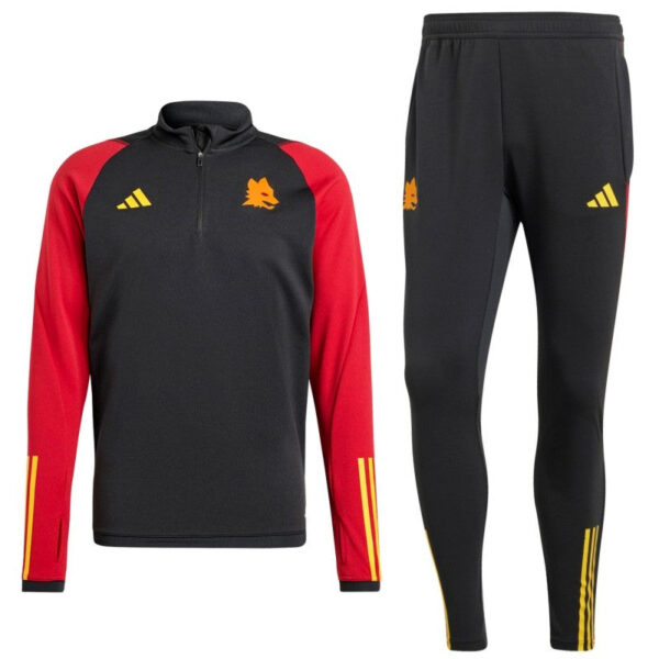 Black and red training top with yellow logo, paired with black track pants with yellow stripes on the legs