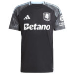 Black Aston Villa soccer jersey with Betano sponsor logo and light blue accents on shoulders and sleeves, front view used for apparel product listing.