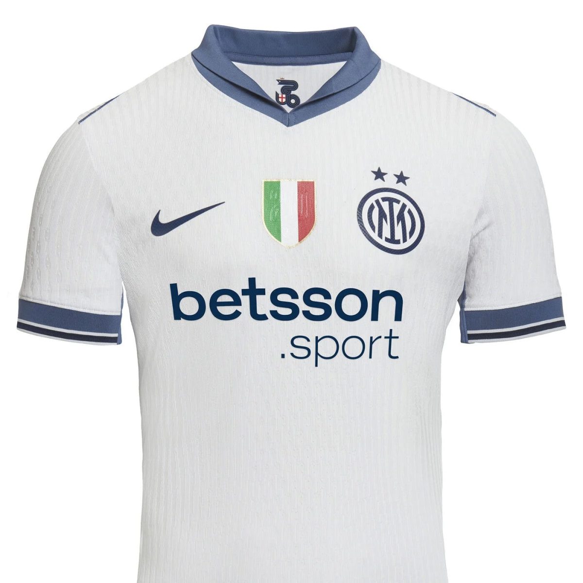 White Inter Milan soccer jersey with blue collar trim, crest, and sponsor 'betsson.sport' on front