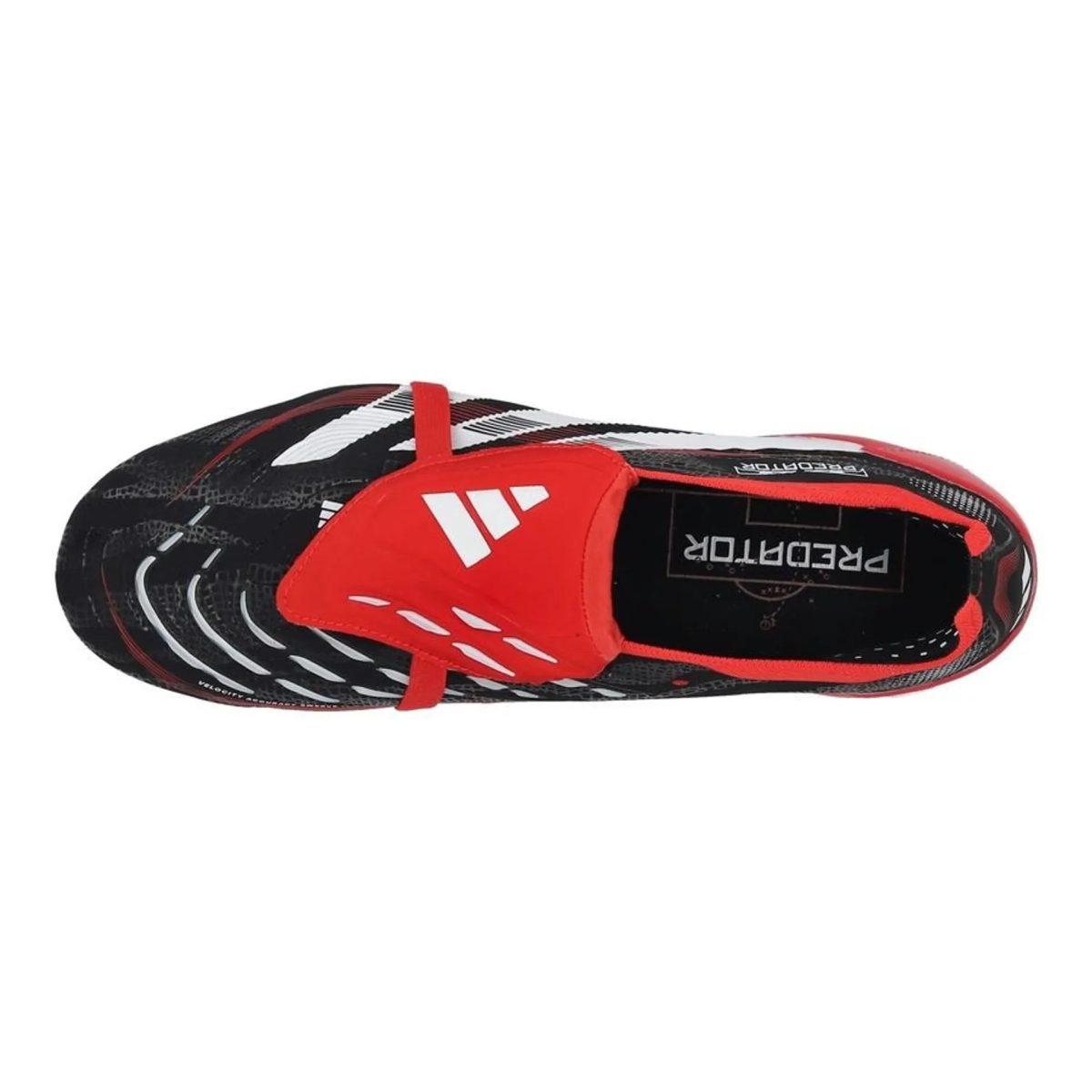 Red and black athletic shoe with a bold red strap, shown from the side.