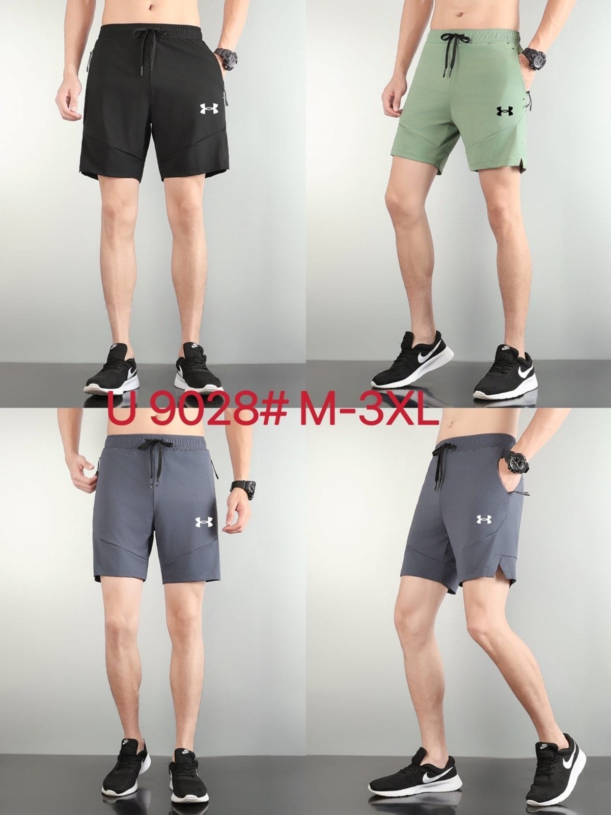 Collage of men's athletic shorts in black, green, and gray, shown from multiple angles with drawstring waists and Under Armour logo.