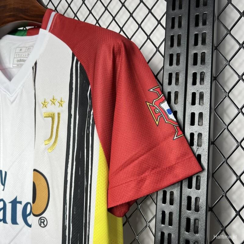 b443af44bef8173a | UAE SPORT STORE Juventus football jersey hanging on a hanger inside a metal locker; white and black striped front with gold crest and three stars, red sleeve with a star emblem.