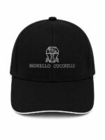 Black baseball cap with white embroidered logo and text.
