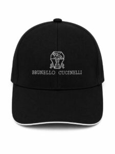 Black baseball cap with white embroidered Brunello Cucinelli logo and text.