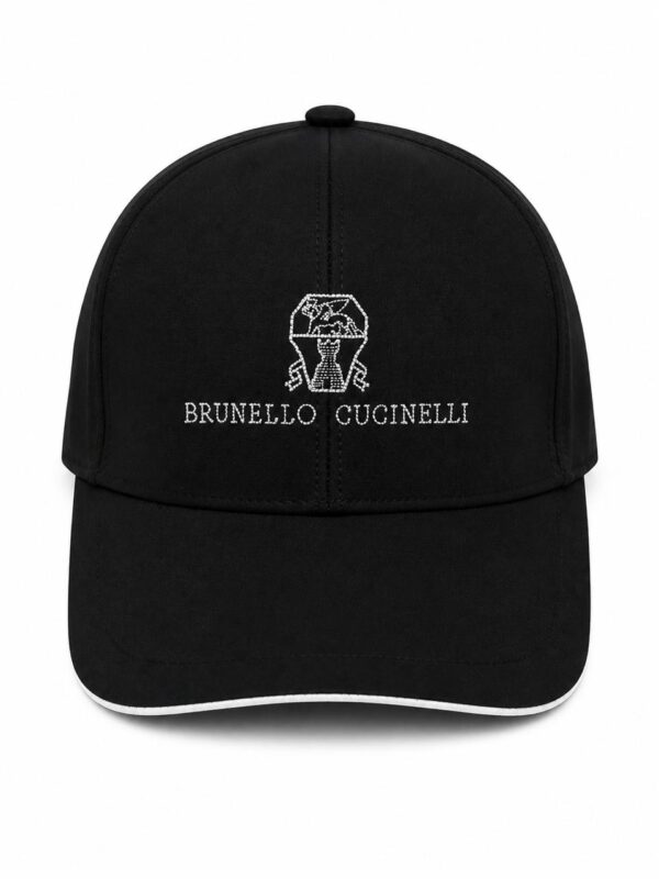 Black baseball cap with white embroidered logo and text.