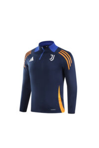 Navy Juventus training top with orange shoulder stripes, long sleeves, zip collar and Juventus crest on chest with Adidas logo.