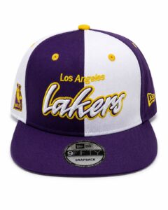 b506d355-d6c1-4933-86c5-69f693ba9ba1 | UAE SPORT STORE Purple and white Los Angeles Lakers snapback hat with yellow embroidery reading 'Lakers' across the front and side logos visible.