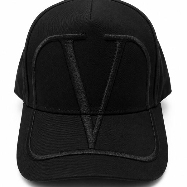Black baseball cap with a raised V-shaped embroidery on the front panel, front view