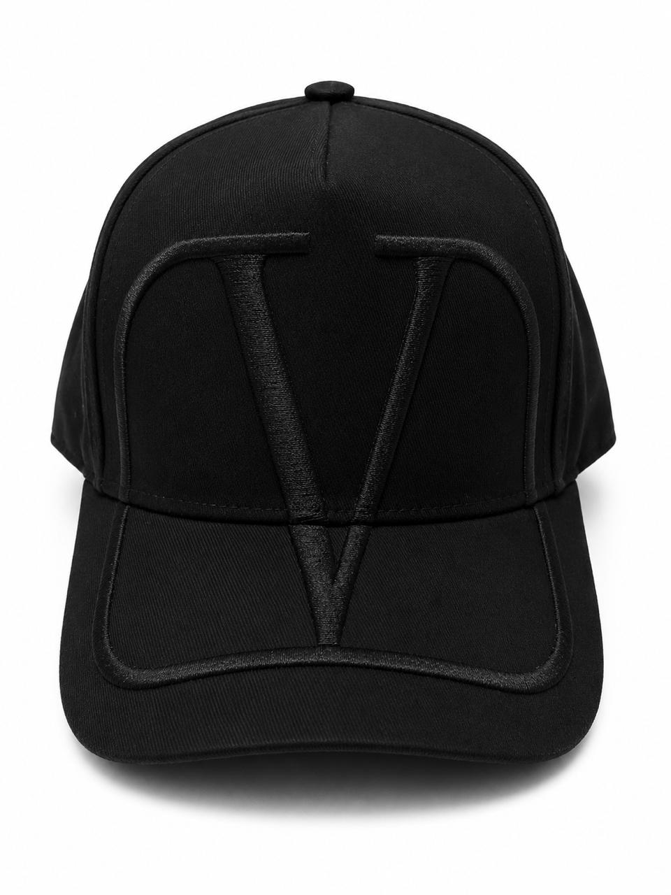 b509d89c-520a-491a-8a38-b8eb66fe09f2 Black baseball cap with a raised V-shaped embroidery on the front panel, front view