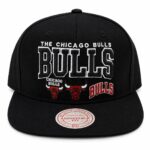 Black Chicago Bulls snapback hat with embroidered logo and adjustable fit.