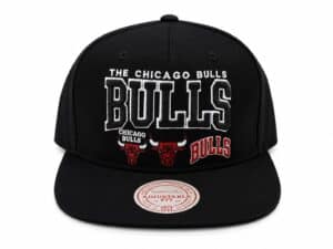 Black Chicago Bulls snapback hat with embroidered logo and adjustable fit.