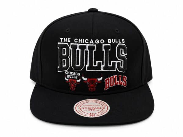 Black Chicago Bulls snapback hat with embroidered logo and adjustable fit.