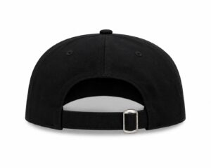 Back view of a black baseball cap showing an adjustable strap with a silver buckle.