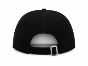 Back view of a black baseball cap with an adjustable strap and silver buckle