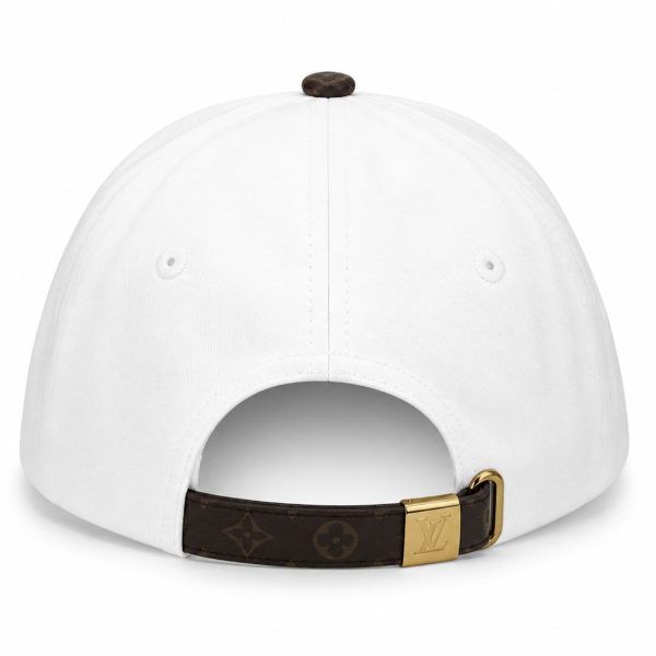 Back view of a white baseball cap with an adjustable brown LV strap and gold buckle