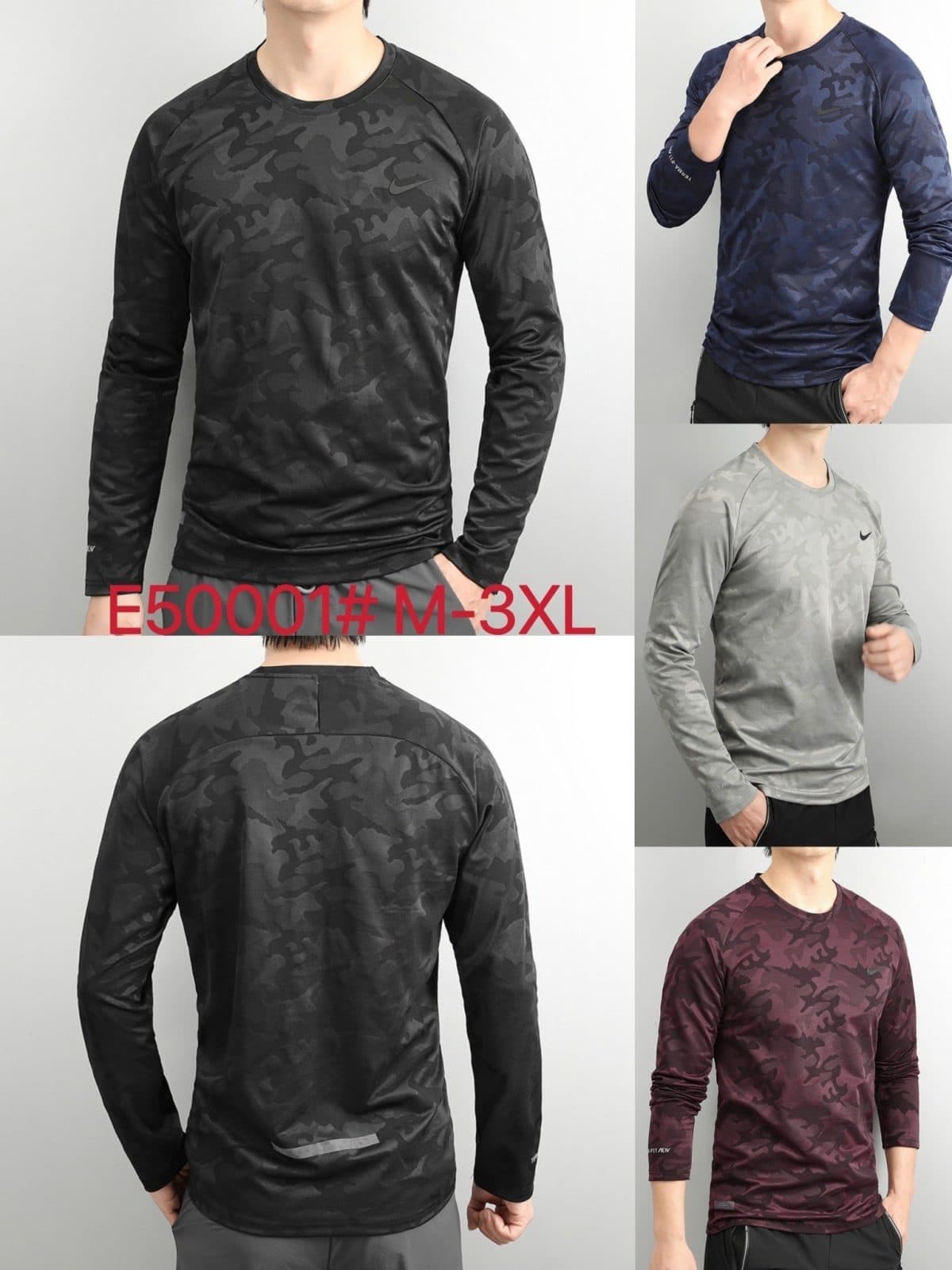 Model wearing a black camouflage long-sleeve athletic shirt; collage shows navy, gray, and burgundy camo tops on male models.
