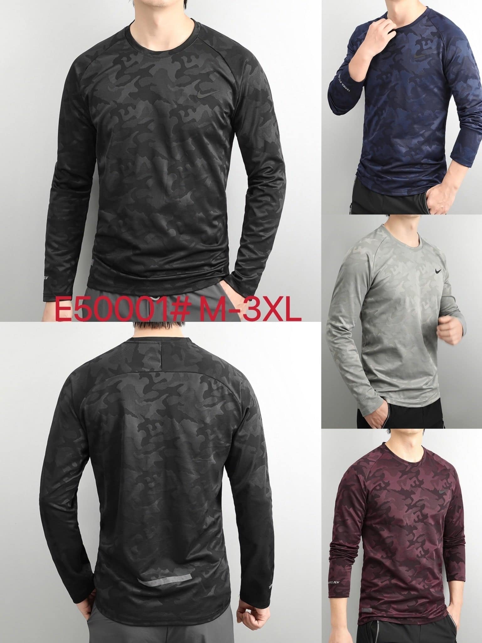 b60cafa3 | UAE SPORT STORE Model wearing a black camouflage long-sleeve athletic shirt; collage shows navy, gray, and burgundy camo tops on male models.