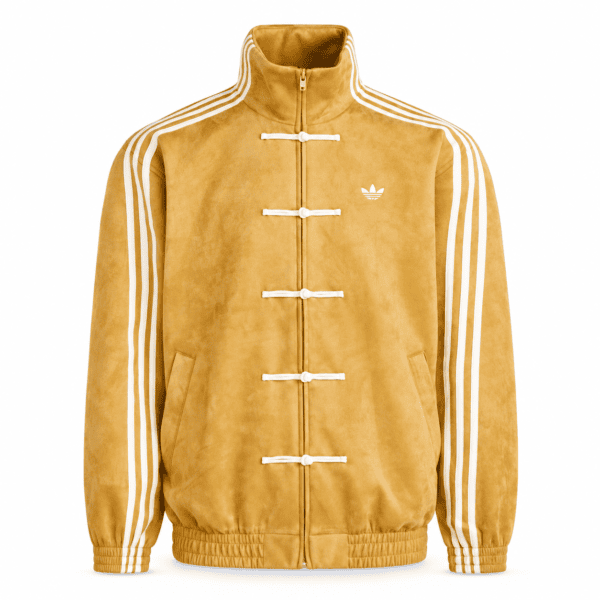 Yellow Adidas casual jacket with white stripes and logo, front view.