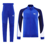 Blue Nike tracksuit jacket with stand collar and matching blue pants featuring white side panels and the Nike swoosh with 'AIR' logo on the chest and thigh area for branding.
