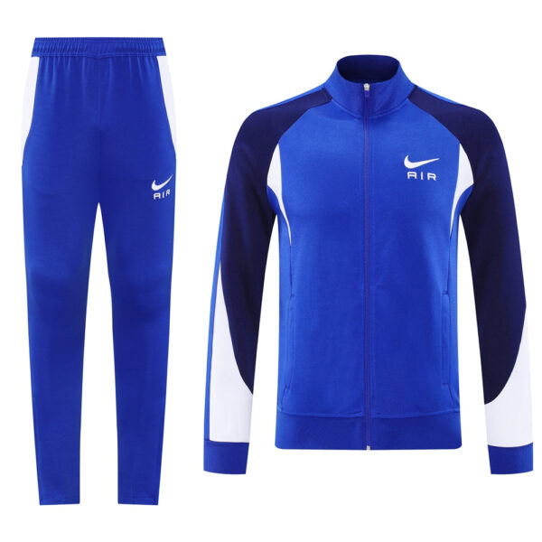 Blue Nike tracksuit jacket with stand collar and matching blue pants featuring white side panels and the Nike swoosh with 'AIR' logo on the chest and thigh area for branding.