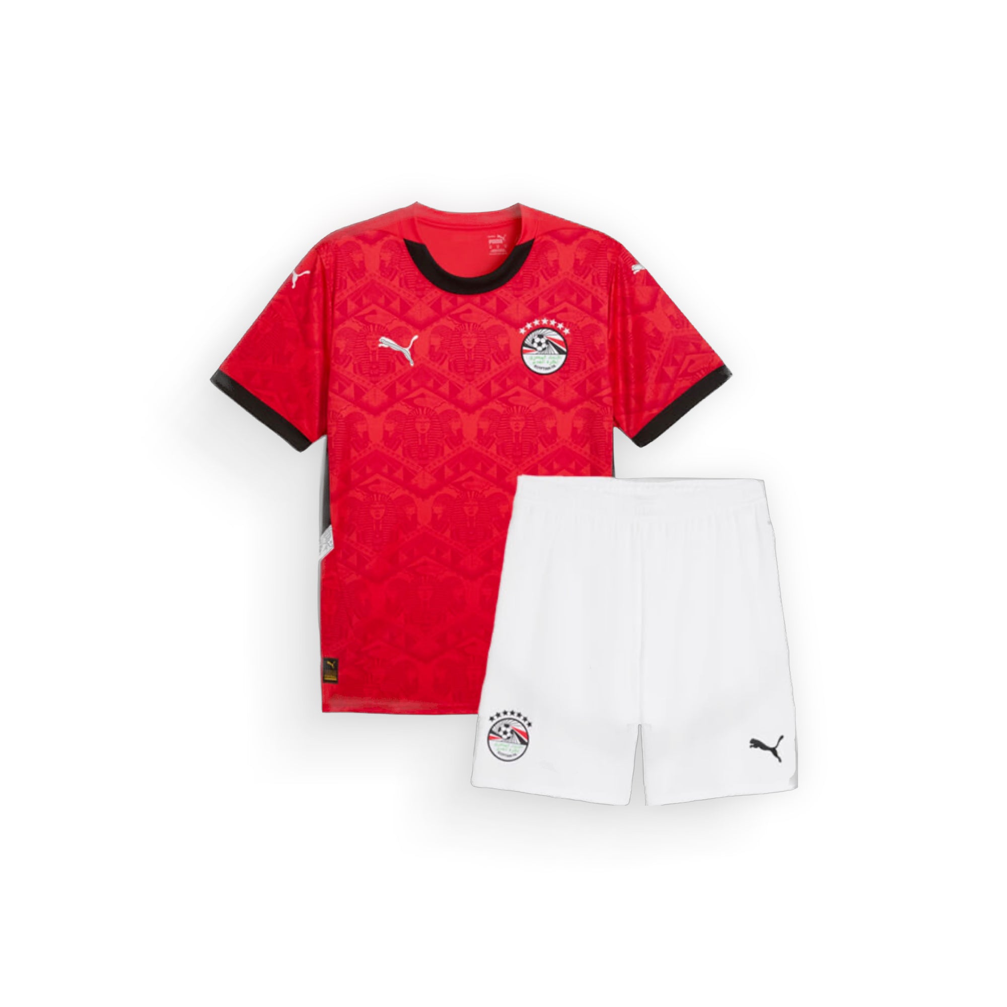 b71a903b-7b4f-4274-9fc3-b41f29a5ec60_converted Red patterned soccer jersey with black collar and crest, paired with white shorts