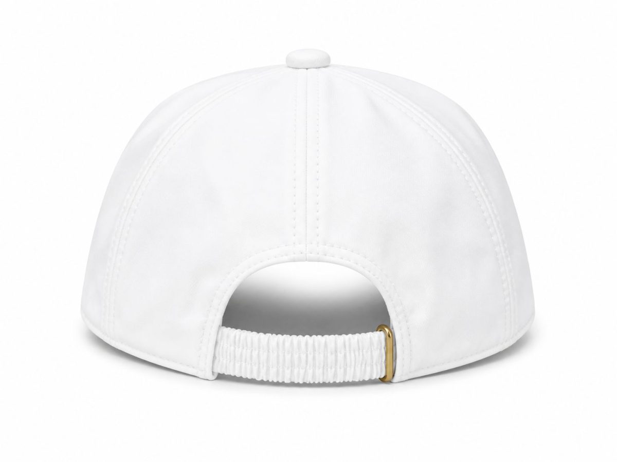 Back view of a white baseball cap with an adjustable strap and gold-tone buckle