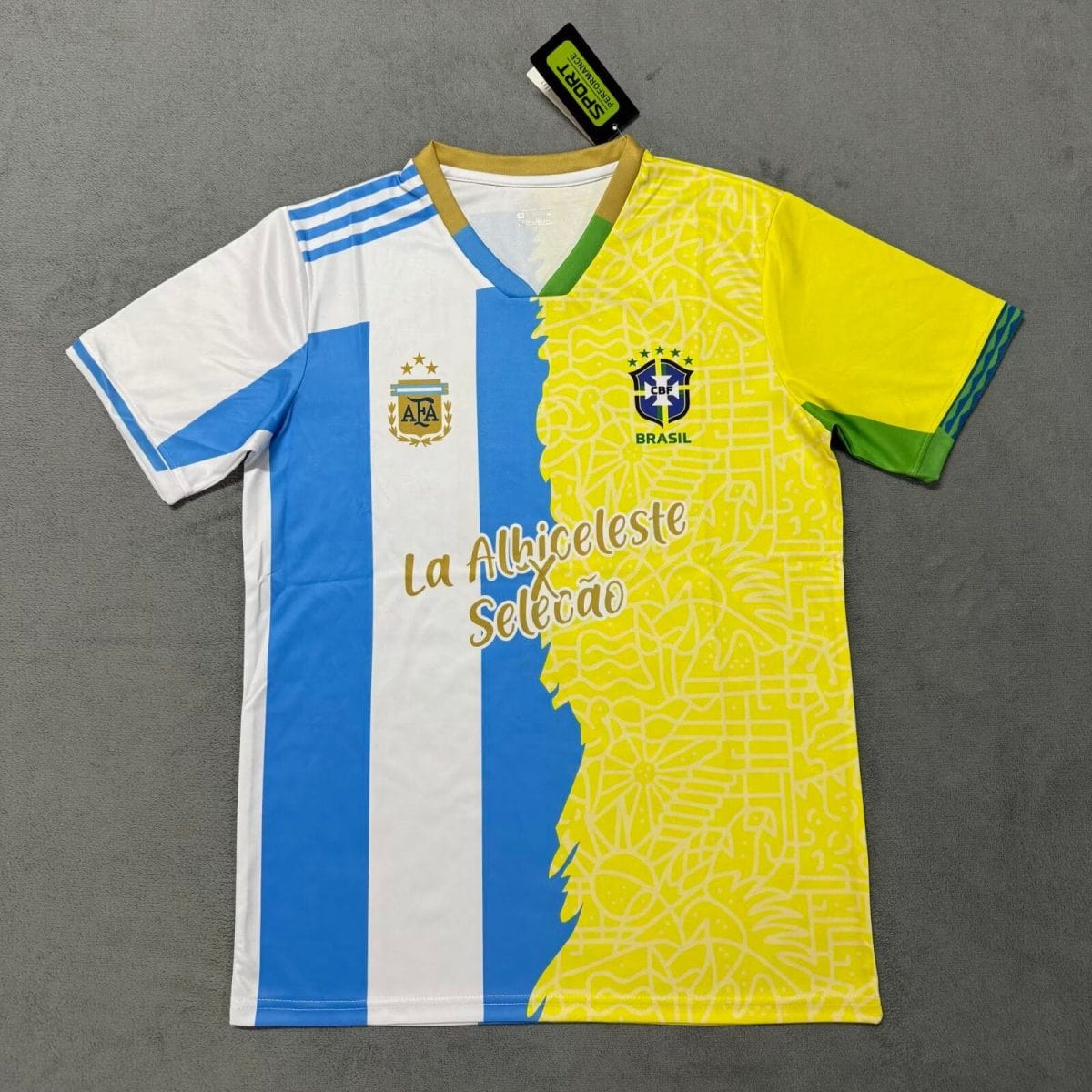 Argentina-Brazil themed football jersey: left half blue-and-white with AFA crest, right half yellow with Brazil CBF crest and map-like pattern, plus the text 'La Albiceleste Seleção'