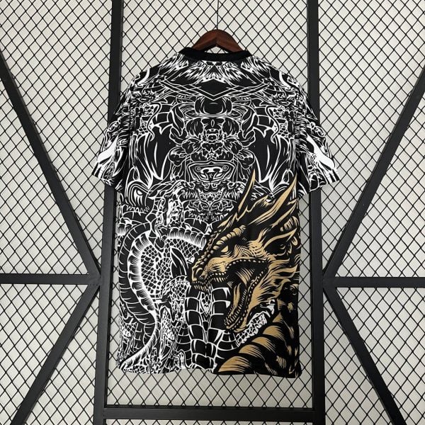 Black-and-white shirt on a wooden hanger featuring intricate dragon and tiger graphic against a metal lattice backdrop.