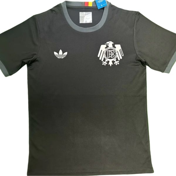 Black short-sleeve sports T-shirt with Adidas logo on the left chest and a white German football federation crest on the right chest.