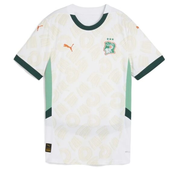 White soccer jersey with mint green side panels, dark green sleeve cuffs, and orange Puma logos on chest and sleeves; features a green club crest with three stars on the left chest.