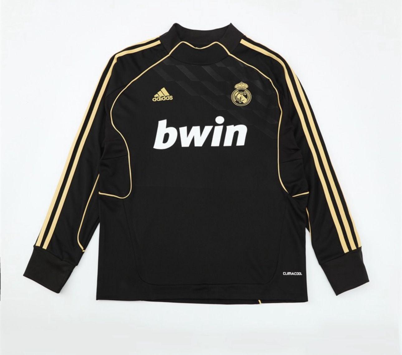 b8ec60ff-1ff3-441f-ab73-de31ef2475ee Black Real Madrid goalkeeper jersey with gold piping, Adidas logo, club crest, and 'bwin' sponsor on chest.
