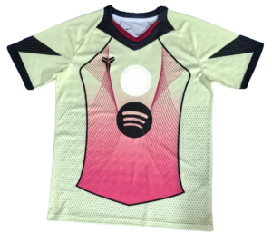 Front view of a lime-green athletic jersey with pink center panel, black trim, and a circular dark logo on the chest.