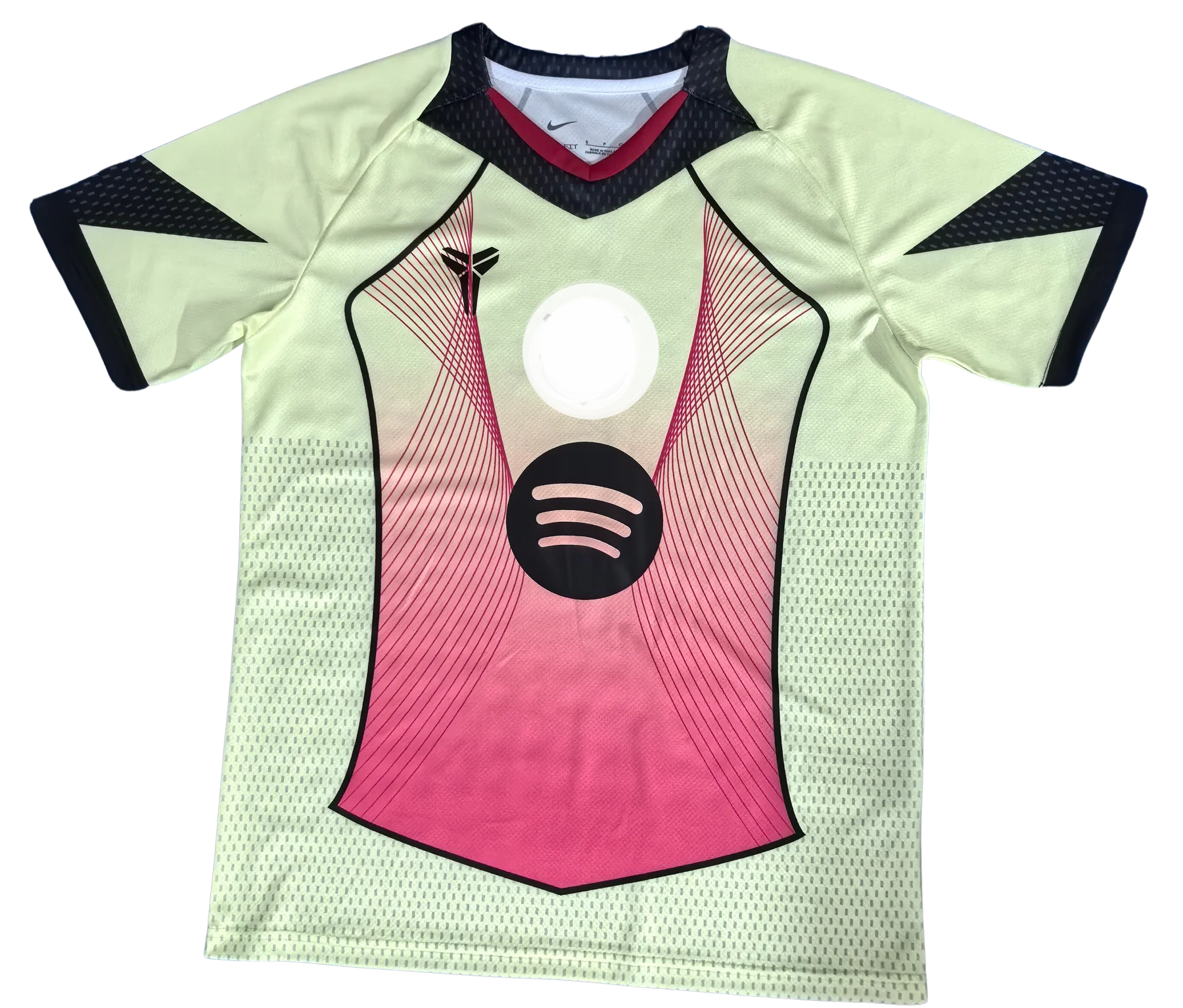 b971d23e-5eed-44f3-b752-0f05be966881_1 Front view of a lime-green athletic jersey with pink center panel, black trim, and a circular dark logo on the chest.