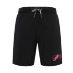 Black athletic shorts with a drawstring waistband and a pink geometric Nike logo on the lower right leg.