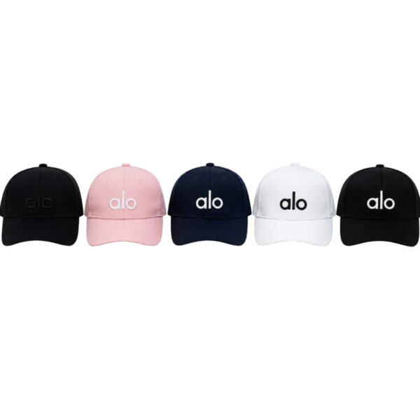 Row of five baseball caps in black, pink, navy, white, and black, each with the 'alo' logo on the front.