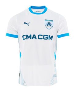 White OM soccer jersey with blue collar trim, crest on the chest and CMA CGM sponsor text across the front.
