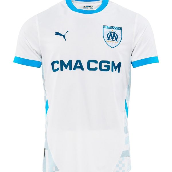 White OM soccer jersey with blue collar trim, crest on the chest and CMA CGM sponsor text across the front.