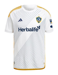 bJSn9dDBoOYW8FH | UAE SPORT STORE White LA Galaxy soccer jersey with blue diagonal pinstripes, gold trim, and Herb Life sponsor logo on the front.