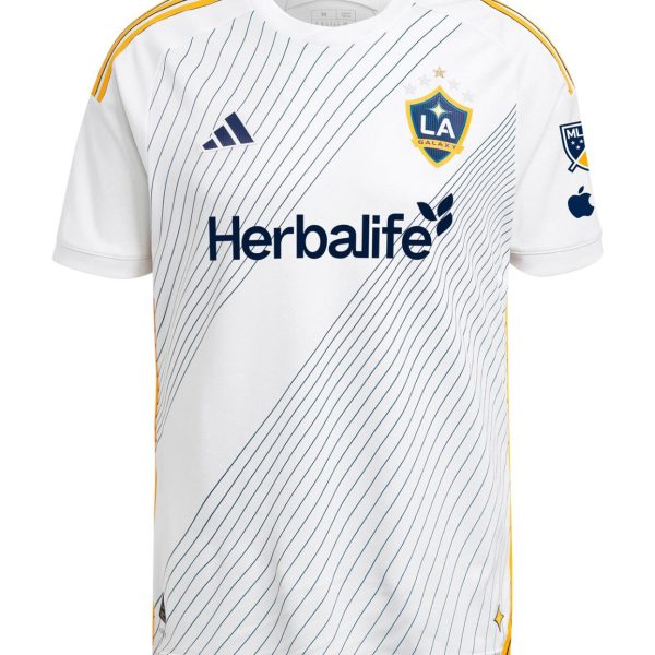 White LA Galaxy soccer jersey with blue diagonal pinstripes, gold trim, and Herb Life sponsor logo on the front.
