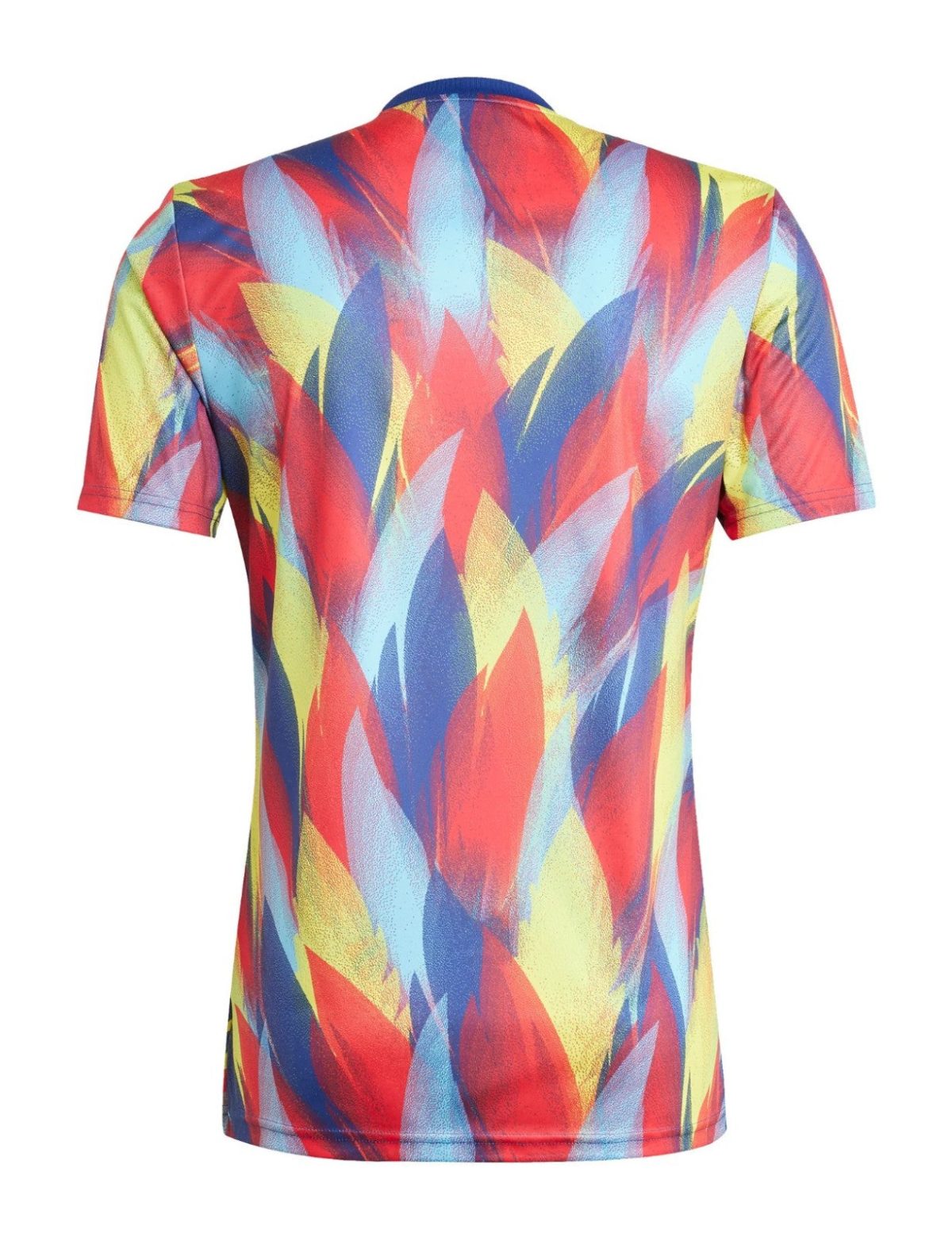 Back view of a short-sleeve shirt with a vibrant abstract red, yellow, blue pattern.