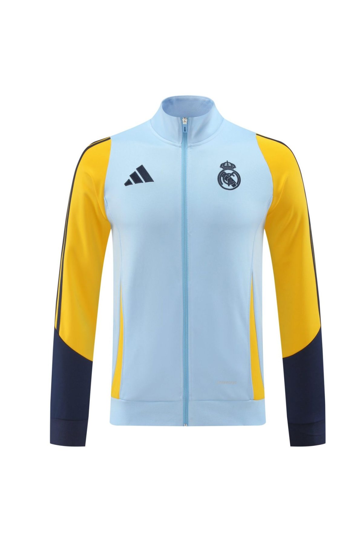 Light blue track jacket with yellow sleeves, full-length zipper, Real Madrid crest and Adidas logo.