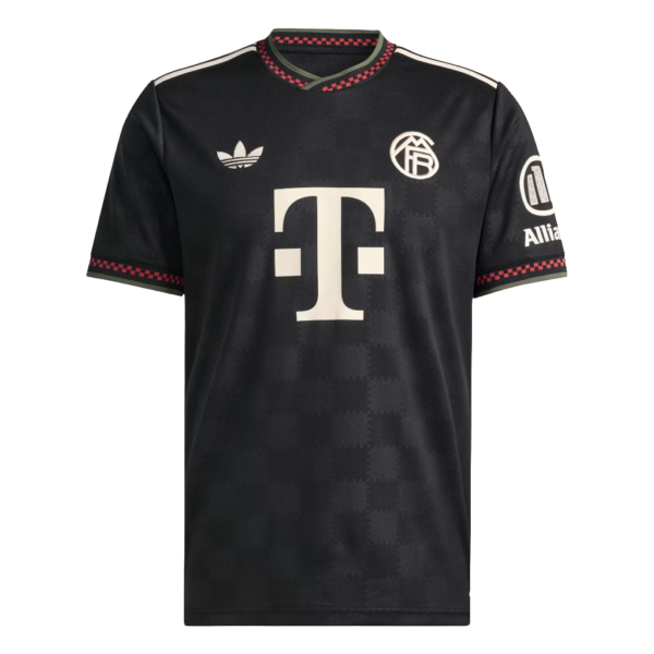Black soccer jersey with T‑Mobile logo center, Adidas trefoil left chest, club crest, Allianz sponsor on sleeve, and red check trim at collar and cuffs.