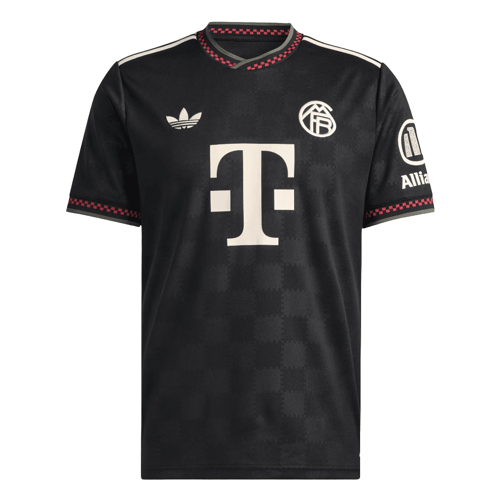 background-editor_output_1c6c761d-2b3e-4e04-89d3-c5f36caac949 | UAE SPORT STORE Black soccer jersey with T‑Mobile logo center, Adidas trefoil left chest, club crest, Allianz sponsor on sleeve, and red check trim at collar and cuffs.