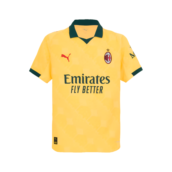 AC Milan yellow away jersey with Emirates Fly Better sponsor and club crest on chest
