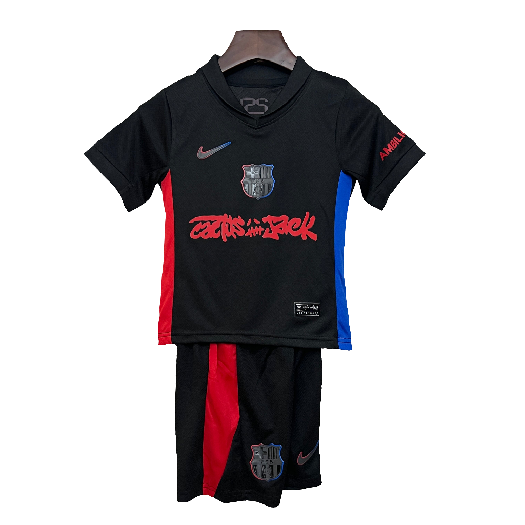 background-editor_output_2b99c15b-088a-401c-bdc0-cd5f9bdaf546 Barcelona-inspired black soccer jersey with red and blue side panels, crest, and matching shorts on a hanger