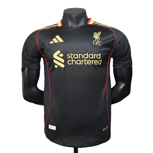 Liverpool FC away jersey on a black mannequin, black with gold sponsor logos and red piping.