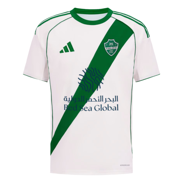 White soccer jersey with a green diagonal sash, Adidas logo, crest on the left chest, and 'Red Sea Global' text in Arabic and English.