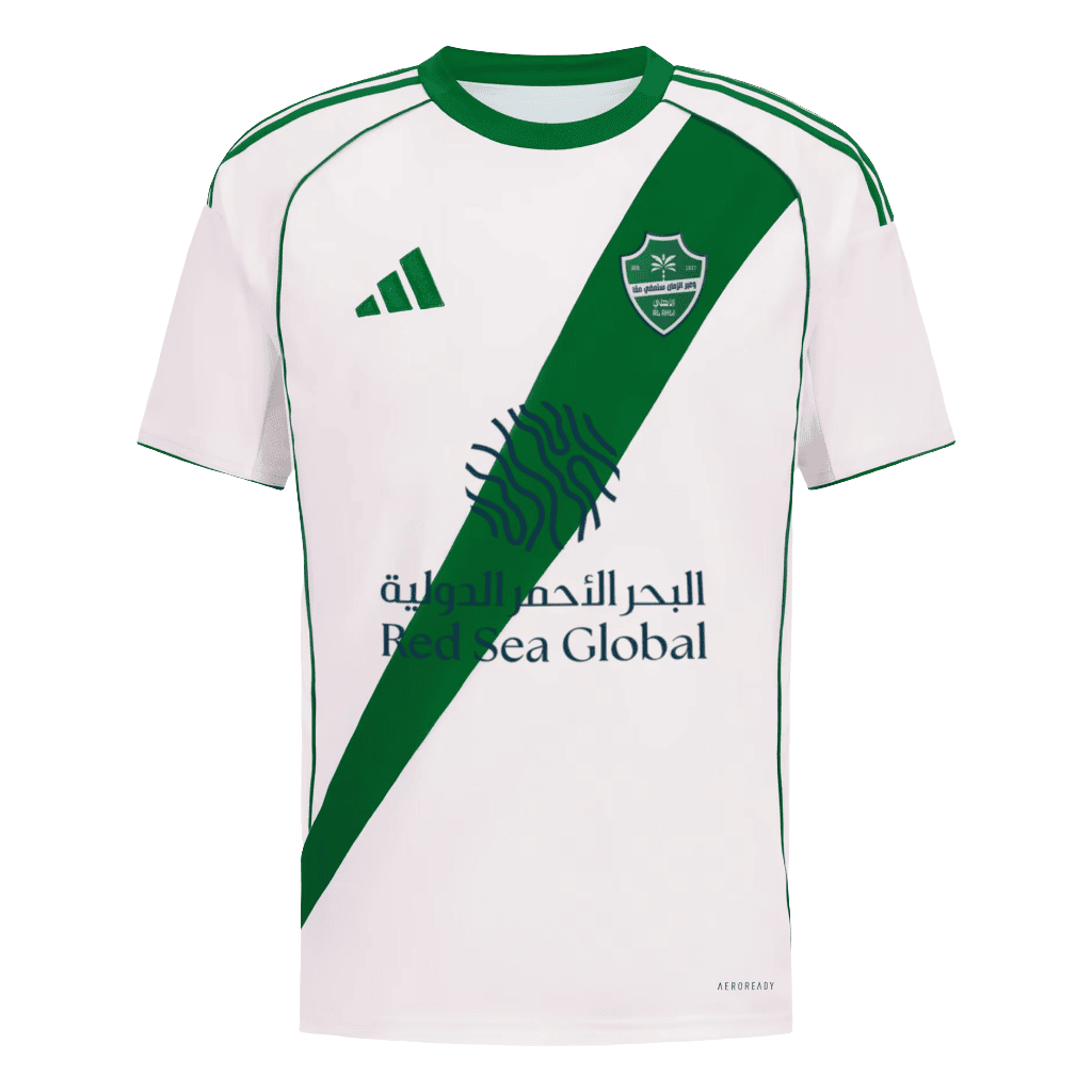 background-editor_output_56e8c665-4403-4b7e-af5d-5af72c94e99b | UAE SPORT STORE White soccer jersey with a green diagonal sash, Adidas logo, crest on the left chest, and 'Red Sea Global' text in Arabic and English.
