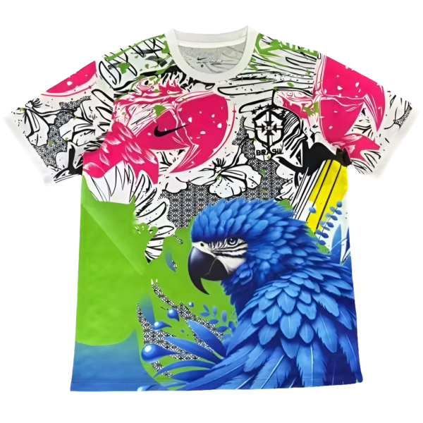 Colorful graphic T-shirt with a blue macaw, neon green shapes, and pink/black graffiti-style patterns including a Brazil crest.